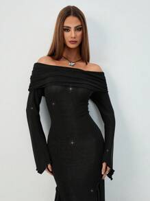 Chiquease Women's Solid Sparkling Off Shoulder Long Sleeve Fishtail Hem Bodycon Elegant Dress - Black - View 6