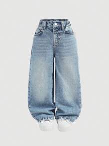 SHEIN Jeans larghi e morbidi in denim blu vintage di stile Y2K per giovani ragazze, pantaloni di jeans imbottiti in pile per tenere caldo in autunno e inverno
