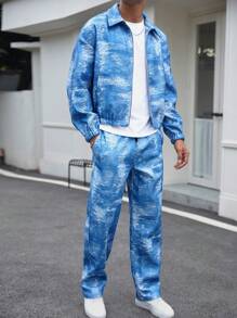 Manfinity Homme Men's Casual Versatile INS Blue Impression Water Wave Print Zip-Up Collared Jacket & Pants Set. Men Clothes,Men Two Piece Outfits