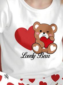 SHEIN Leap Crew 2 件装 Tween 女孩卡通熊心印花短袖 T 恤和裤子家居服套装，贴身休闲 - 彩色 - 查看 4