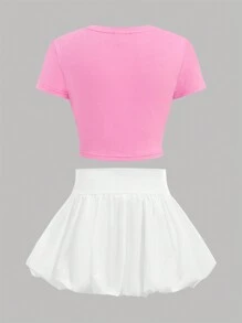 Girlism Tween Girl 2件套 白色和粉色 甜美 旅行 街拍 春夏 蝴蝶结印花 针织短袖圆领T恤和迷你裙套装 情人节 干净的女孩 可爱 - 彩色 - 查看 2