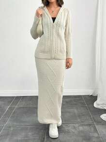 SHEIN Tall Hooded Zippered Twist Strip Two-Piece Set - Apricot - View 3