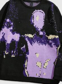 ROMWE MEN Street Life 男士圆领长袖图案细节休闲针织毛衣 - 黑色 - 查看 3