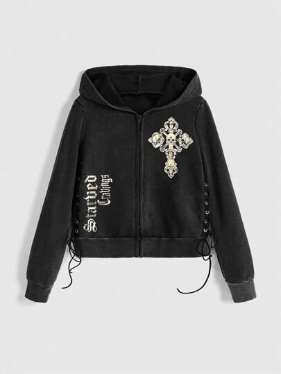 Grunge Punk Felpa con cappuccio vintage da donna in stile streetwear, con stampa teschio, dettagli in pizzo metallico e fettuccia sfilacciata