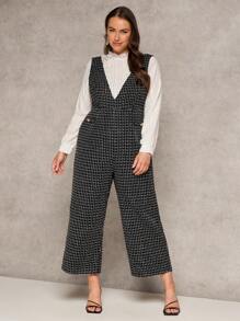 SHEIN Clasi Plus Size Women's Plaid Deep V-Neck Loose Wide Leg Elegant Jumpsuit - Black - View 5