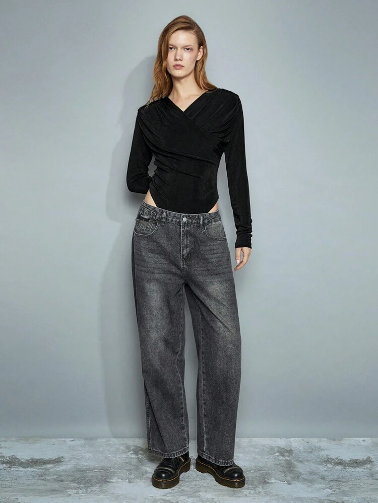 SHEIN Maija Body da donna invernale/autunnale nero arricciato, a tinta unita, scollo a V, manica lunga a balze, minimalista, aderente, casual e sexy, adatto per San Valentino e festival