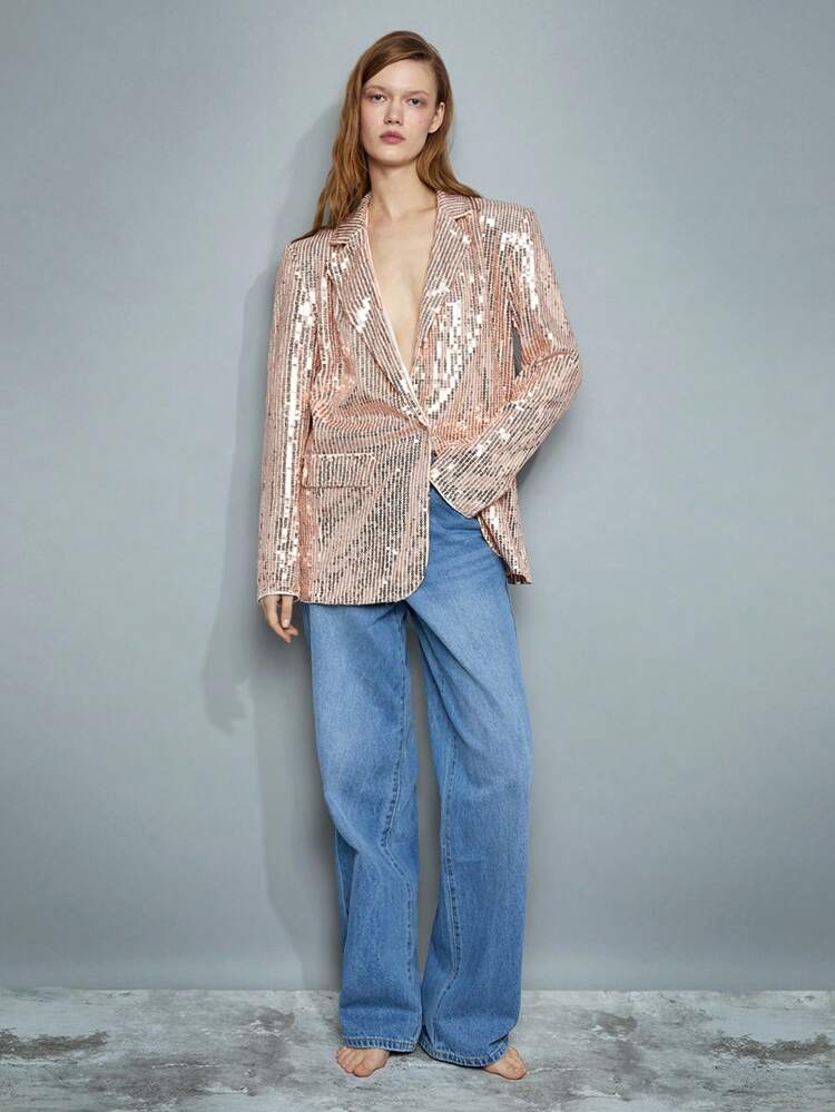 SHEIN Maija 女性用 アプリコット色 初春/春用 プレーン フォールドオーバーカラー 長袖 前ポケット パディングショルダー スパンコール付き エレガントファッションパーティ ブレザー フェスティバル