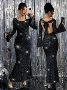 SHEIN Unity Women Glitter Fabric Tied Back Flared Sleeve Fishtail Waist Elegant Maxi Dress Outfit, For New Year - Black - View 8