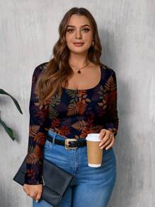 SHEIN LUNE Camiseta de manga larga de ajuste ceñido con cuello redondo y estampado de hojas de arce para mujer de talla grande, adecuada para otoño/invierno - Multicolor - Ver 4