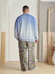 Manfinity VCAY Plus Size Men Casual Loose Gradient Knit Long Sleeve Crew Neck Pullover Sweatshirt, For Fall Winter - Blue - View 3