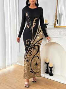 SHEIN Lady 婚礼宾客礼服女士派对装黑色底边亮片印花长裙 - 彩色 - 查看 3