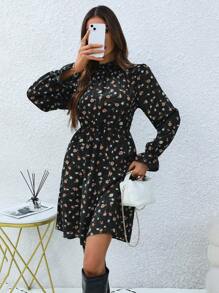 Chiquease Women's Floral Print Stand Collar Long Sleeve A-Line Dress With Frill Trim Fall Cloth For Women - Black - View 8