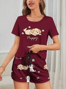 CoupledUp 2-teiliges Set Damen Hunde Muster Rundhals Kurzarm T-Shirt und Shorts Pyjama