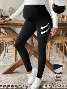 SHEIN Maternity Solid Color Adjustable Waist Casual Leggings, Versatile For Everyday Wear - Black - View 1