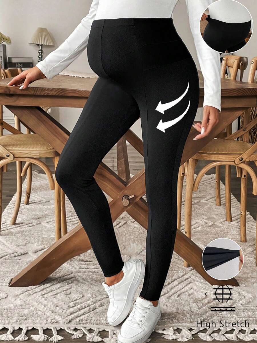 SHEIN Maternity Solid Color Adjustable Waist Casual Leggings, Versatile For Everyday Wear - Black - View 1