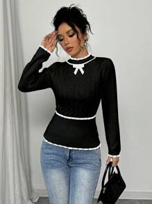 Elenzga Women's Elegant Color Block Bow Knit Sweater Top, Layering Basis Knit Pullover Fall Winter Sweater - Black - View 5