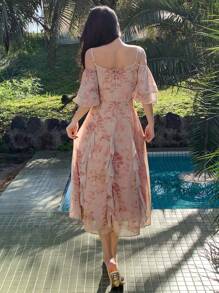 DAZY Vestido midi con estampado floral, mangas largas sin mangas y volantes en el bajo para mujeres