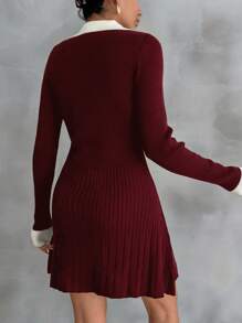 EURMUSE 女式撞色领长袖罗纹休闲毛衣连衣裙，秋冬 - 酒紅色 - 查看 2