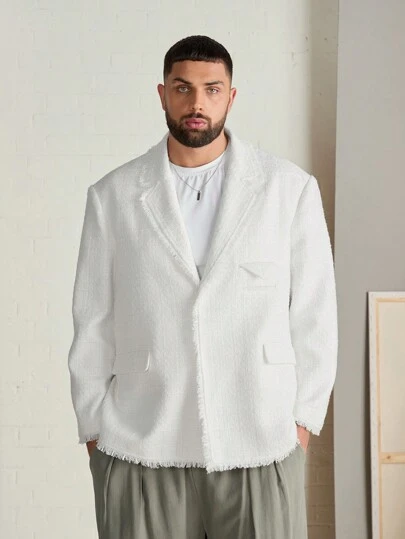 Manfinity VCAY Plus Size Men's White Woven Short Single Button Long Sleeve Blazer, For Fall Winter