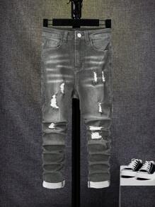 SHEIN Tween Boy' Front Button Pocket Distressed Casual Denim Jeans - Grey - View 1