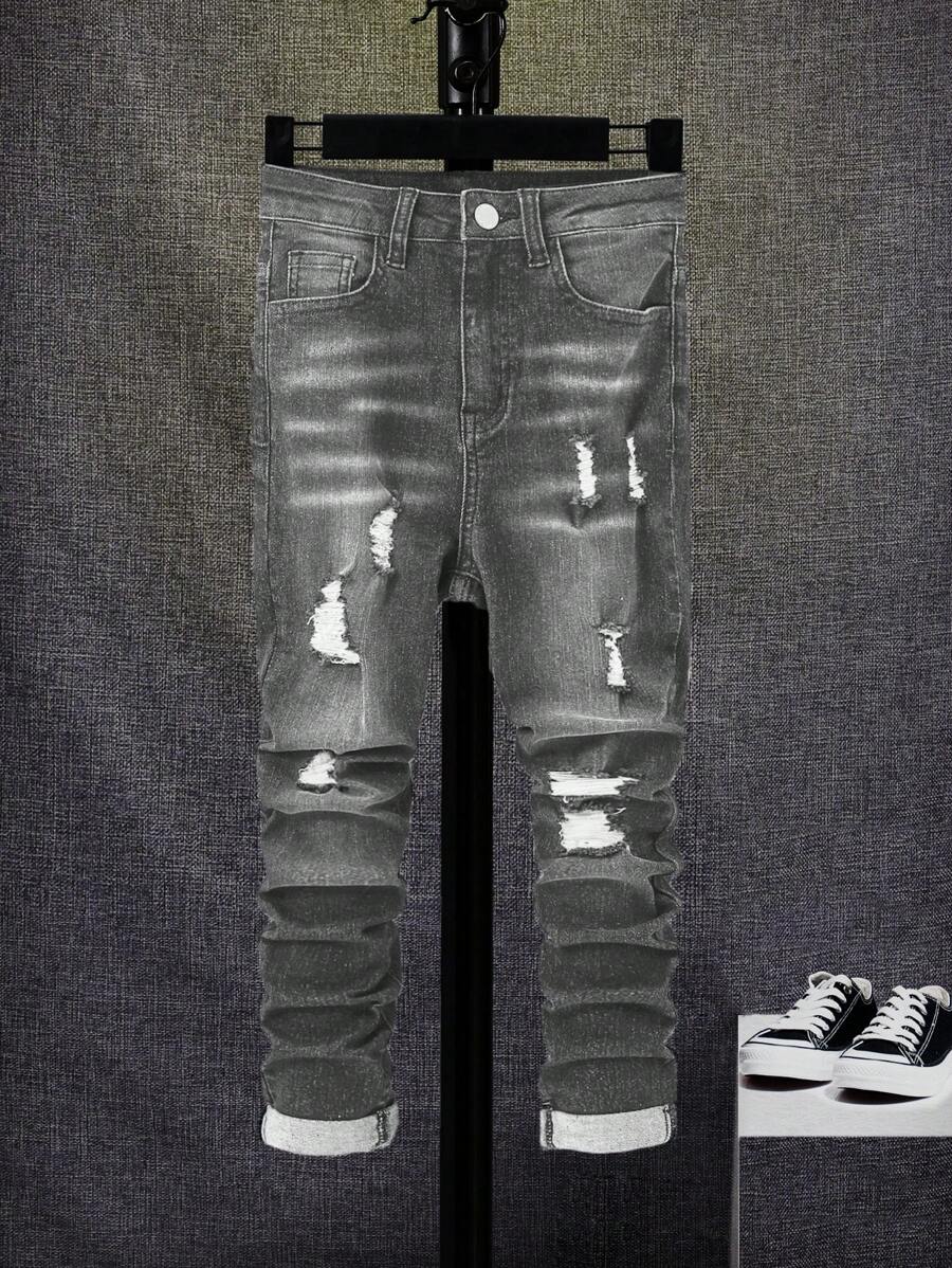 SHEIN Tween Boy' Front Button Pocket Distressed Casual Denim Jeans - Grey - View 1