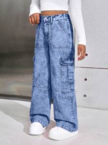 SHEIN Tween Girls Y2K Fashion Pink Stonewashed High Waist Flap Pocket Baggy Straight Leg Cargo Jeans - Medium Wash - View 6