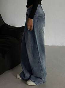 DAZY Women Front Button Pocket Simple Casual Straight Leg Jeans,Baggy Jeans - Medium Wash - View 3