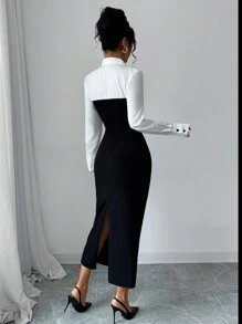 Siren Gaze Women's Elegant And Romantic, 2 In 1 Black And White Color Matching Dress, Long-Sleeved Midi Dress, Perfect For Commuting,Midi Casual Black And White Dress, Simple & Fashionable, Fitted For Everyday Wear, Winter Party