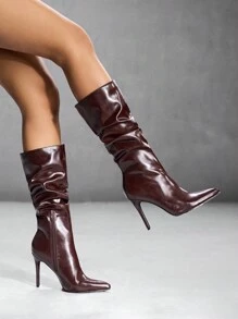 CUCCOO SZL Botas de tacón alto con puntera puntiaguda y fruncidos, estilo de moda para mujer, apropiadas para ir al trabajo, citas, fiestas, festivales, vacaciones navideñas y de Año Nuevo, con ambiente otoñal e invernal para el Día de San Valentín - Café integral - Ver 3