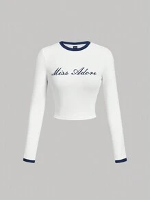 SHEIN MOD Women Plain Color Block Round Neck Letter Print Minimalist Graphic Long Sleeve Top - Navy Blue - View 1