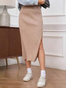 INAWLY 女士休闲日常开衩针织裙，秋冬 - 駝色 - 查看 1