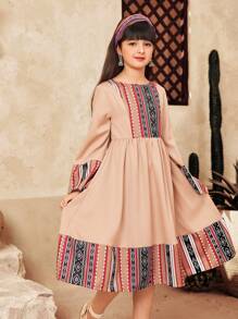 SHEIN Tween Girl Spring & Summer Casual Vacation Retro Stripes & Geometric Retro Print Patchwork Flare Sleeve Ruched Hem Long Dress - Khaki - View 6