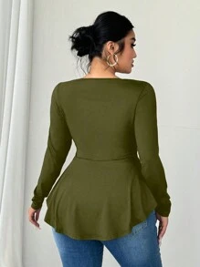 Celure Plus Size Women Off Shoulder Long Sleeve Cinched Waist A-Line T-Shirt Top - Army Green - View 2