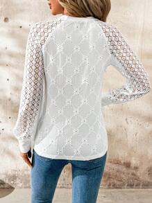 SHEIN Clasi 女士镂空拼接长袖圆领简约休闲上衣 - 白色 - 查看 2