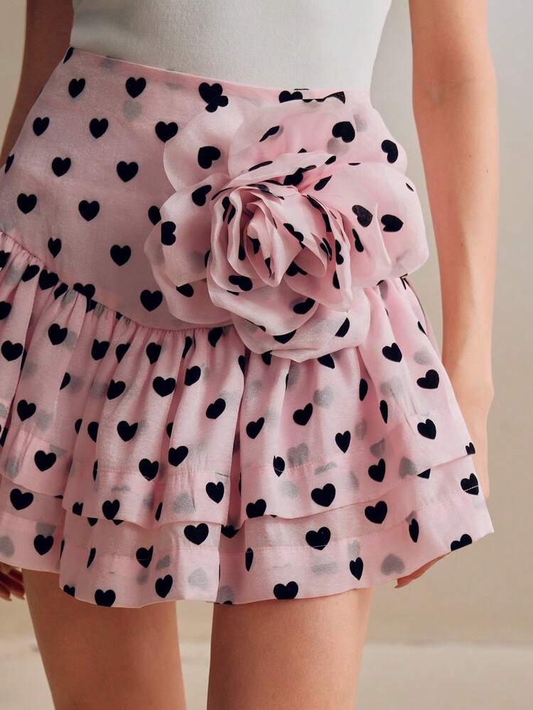 Cute Daily Wear Heart Pattern Pink Ruffle Edge 3D Floral A-Line Skirt For Women, New Year