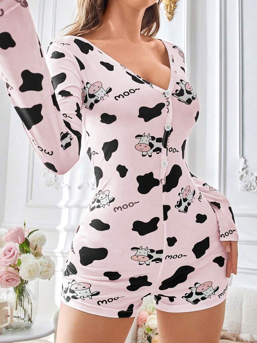Cow Letter Print Women's Single-Breasted V-Neck Long Sleeve Romper, Fall, Winter - Baby Pink - View 1