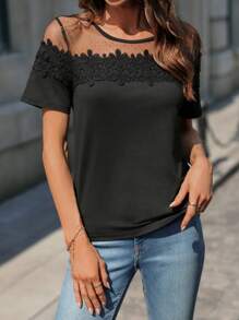 Chiquease 女士圆领网眼短袖宽松上衣 T 恤，春夏