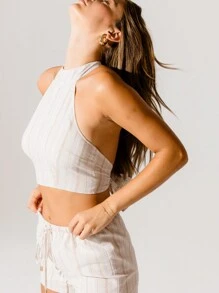 Aralina Casual Stripe Drawstring Shorts And High-Neck Crop Halter Set - Khaki - View 5