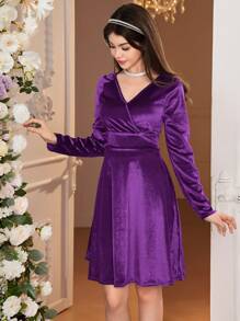 SHEIN Teen Girl Christmas Emerald Green Velvet Dress