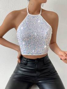 Allurite Women's Halter Neck Backless Sequin Decor Casual Top, Everyday Wear