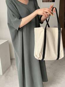 DAZY Damen einfarbiges, locker geschnittenes Pulloverkleid mit V-Ausschnitt und Dropped-Shoulder, grau, Frühling/Sommer - Grau - Übersicht 4