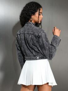 SHEIN EZwear Chaqueta vaquera minimalista de manga larga con cremallera delantera, para uso diario casual de mujeres