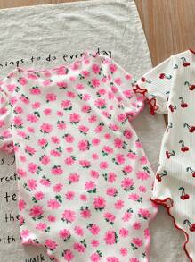 SHEIN LMoss Kids LMoss 2件套新生女宝宝夏季可爱碎花卡通印花针织弹力按扣短袖连体衣套装 - 粉色 - 查看 6