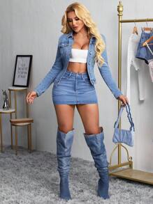 SHEIN SXY 女士秋季单排扣腰带休闲牛仔夹克 - 淺色水洗藍 - 查看 4