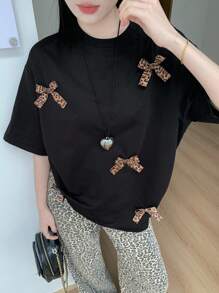 DAZY Women's Round Neck Leopard Print Bow Short Sleeve T-Shirt Summer Cute Tops - Black - View 1