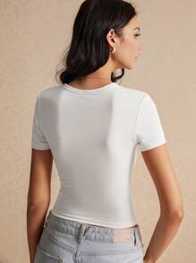 Poéselle Women's Round Neck Short Sleeve Bow Embroidered Casual T-Shirt