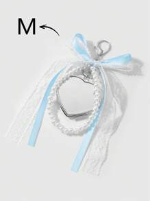 ROMWE Kawaii 1 件手工制作精致时尚百搭清新甜美优质白色仿珍珠串珠丝带、薄纱蝴蝶结、恶魔之心双面镜吊坠钥匙扣包饰，适合女性女孩日常穿着、节日礼物 - 彩色 - 查看 6