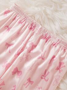 SHEIN 2 件套 Tween 女孩可爱蝴蝶结印花翻领开衫搭配休闲裤，舒适家居服