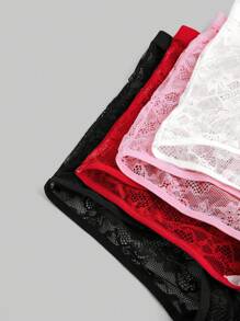 ROMWE Kawaii 4pcs Sexy Women's Thin Lace Mid-Waist Panties With Crotch, Rhinestone Decor - Multicolor - View 9