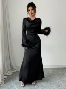 Rafferiza 缎面长款美人鱼尾巴低胸领口后系带喇叭袖毛绒装饰优雅浪漫女士长裙，秋冬 - 黑色 - 查看 5
